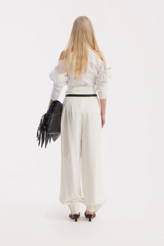 Belted High-Waist Balloon-Leg Pants - White