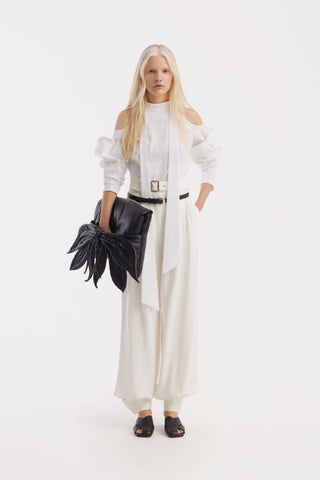 Belted High-Waist Balloon-Leg Pants - White