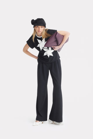 Black Short Sleeve Top With Floral Detail