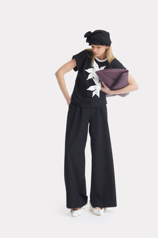 Black Short Sleeve Top With Floral Detail