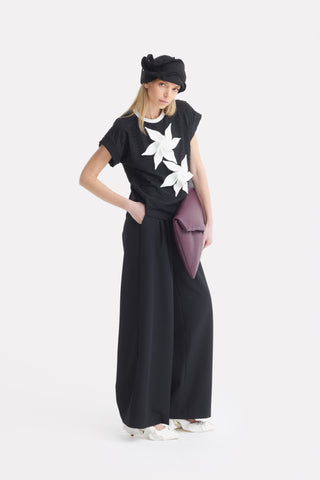 Black Short Sleeve Top With Floral Detail