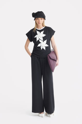 Black Short Sleeve Top With Floral Detail