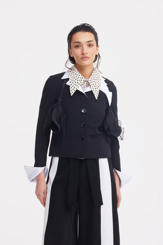 Black Tailored Cropped Blazer With White Collar