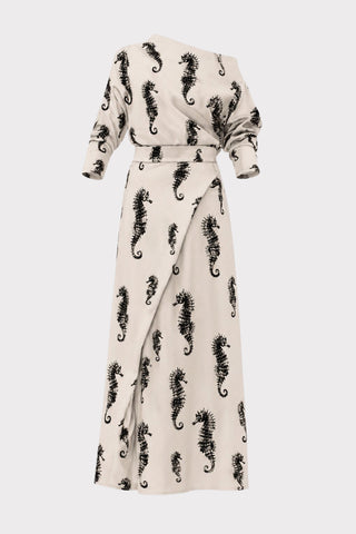 Boat Neck Blouse & Wrap Skirt Co-Ord Set - Light Beige Seahorse Print - Capsule Edition