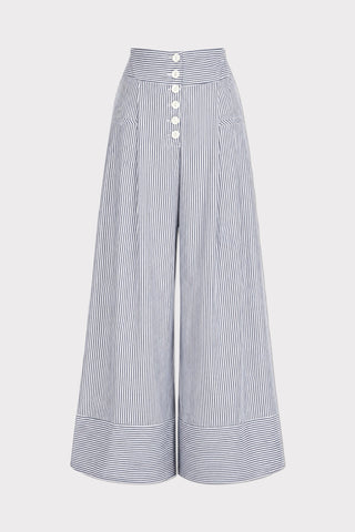 Button Front Palazzo Trousers - Blue Stripe