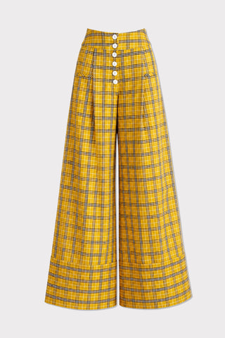 Button Front Palazzo Trousers - Mustard Plaid