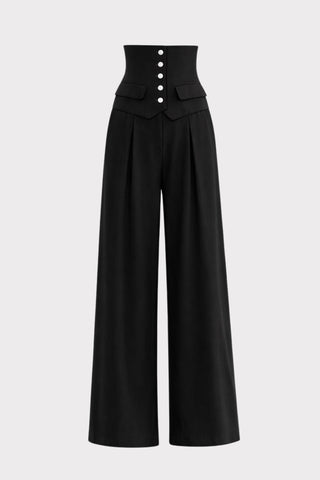 Buttoned Corset-Waist Black Tailored Trousers