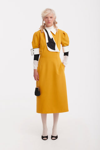 Formal Fitted Dress With White Collar - Office To Evening Style Mustard Yellow