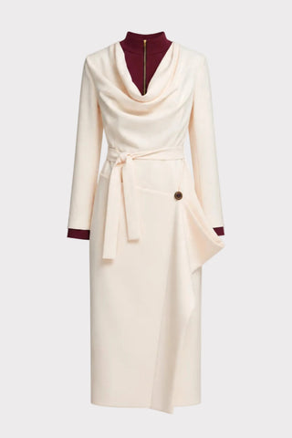 Two-Tone Asymmetric Draped High-Neck Midi Dress – Ivory