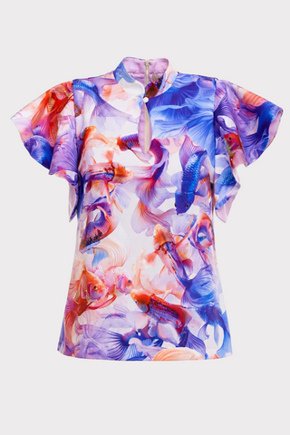 Stand Collar Ruffle Sleeve Blouse – Fish Print