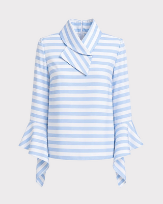 Satin Striped Blouse With Asymmetric Collar - Light Blue