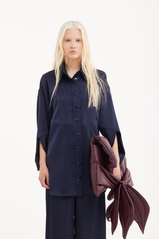 Chic Satin Shirt And Pants Two-Piece Set Navy