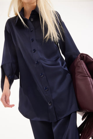 Chic Satin Shirt And Pants Two-Piece Set Navy