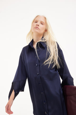 Chic Satin Shirt And Pants Two-Piece Set Navy