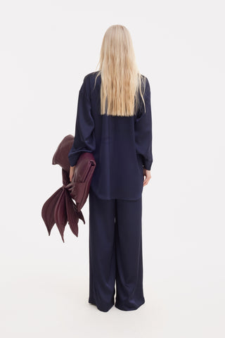 Chic Satin Shirt And Pants Two-Piece Set Navy
