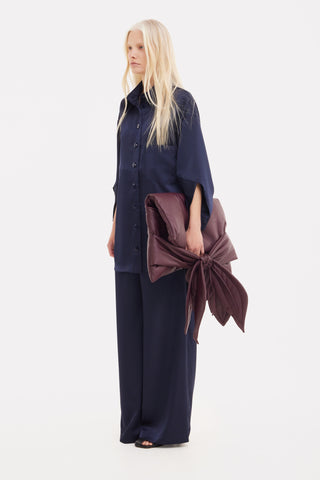 Chic Satin Shirt And Pants Two-Piece Set Navy