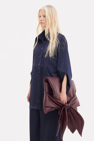 Chic Satin Shirt And Pants Two-Piece Set Navy