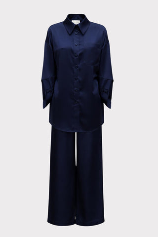 Chic Satin Shirt And Pants Two-Piece Set Navy