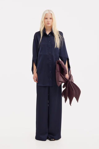 Chic Satin Shirt And Pants Two-Piece Set Navy