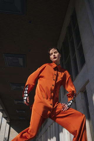 Chic Satin Shirt And Pants Two-Piece Set Orange