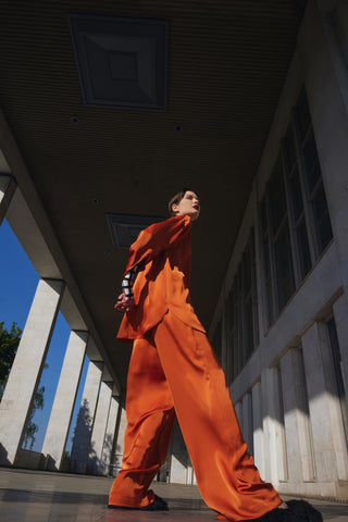 Chic Satin Shirt And Pants Two-Piece Set Orange