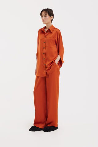 Chic Satin Shirt And Pants Two-Piece Set Orange