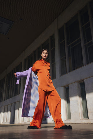 Chic Satin Shirt And Pants Two-Piece Set Orange