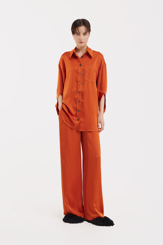 Chic Satin Shirt And Pants Two-Piece Set Orange