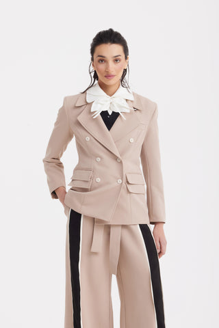 Classic Tailored Double-Breasted Blazer - Beige