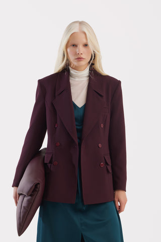 Classic Tailored Double-Breasted Blazer - Burgundy
