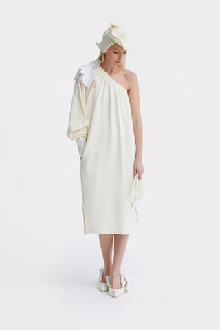 Cocktail One-Shoulder Midi Dress Ecru