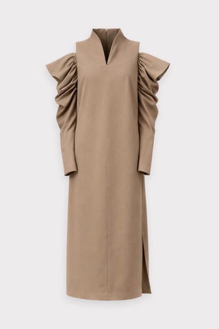 Cold Shoulder A-Line Midi Dress - Beige