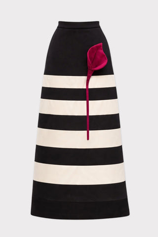 Contemporary Striped A-Line Skirt, Red Floral Detail – Black-White