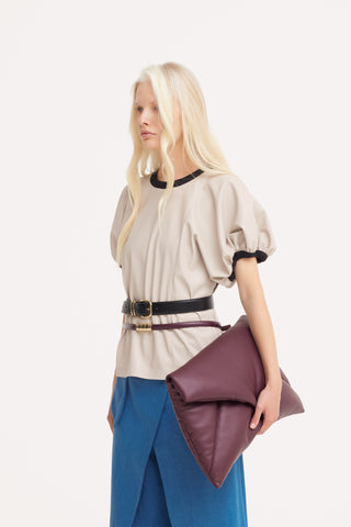 Contrast Leather Trim Puff Sleeve Blouse - Ivory & Black