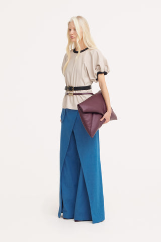 Contrast Leather Trim Puff Sleeve Blouse - Ivory & Black