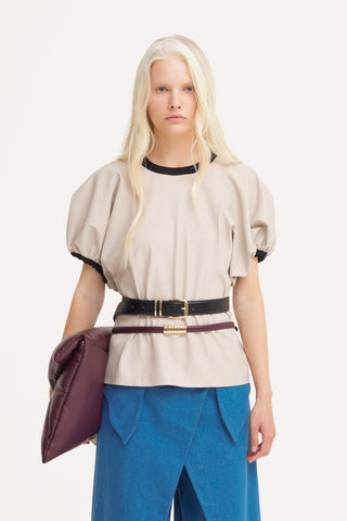 Contrast Leather Trim Puff Sleeve Blouse - Ivory & Black