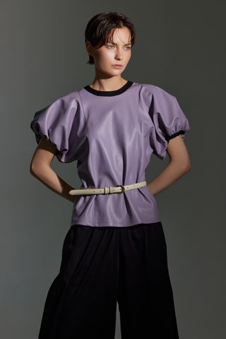 Contrast Leather Trim Puff Sleeve Blouse - Lavander & Black