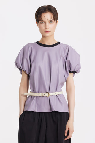 Contrast Leather Trim Puff Sleeve Blouse - Lavander & Black