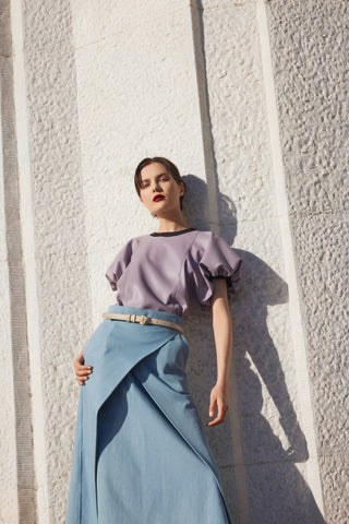 Contrast Leather Trim Puff Sleeve Blouse - Lavander & Black
