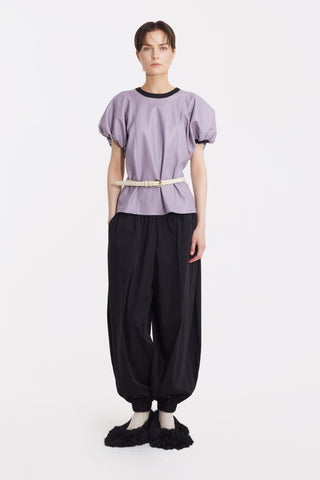 Contrast Leather Trim Puff Sleeve Blouse - Lavander & Black