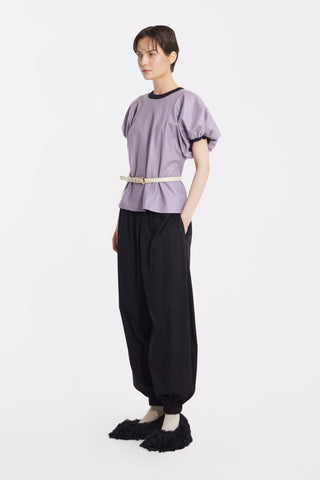 Contrast Leather Trim Puff Sleeve Blouse - Lavander & Black