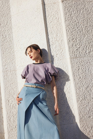 Contrast Leather Trim Puff Sleeve Blouse - Lavander & Black