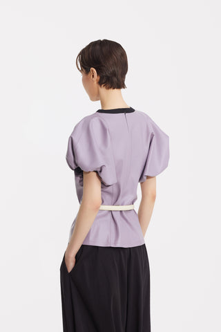 Contrast Leather Trim Puff Sleeve Blouse - Lavander & Black