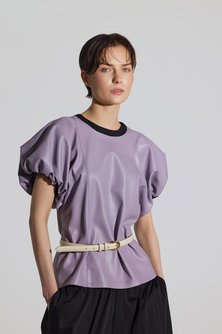 Contrast Leather Trim Puff Sleeve Blouse - Lavander & Black