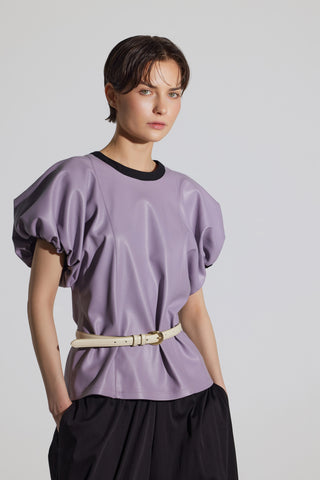 Contrast Leather Trim Puff Sleeve Blouse - Lavander & Black
