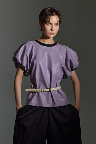 Contrast Leather Trim Puff Sleeve Blouse - Lavander & Black