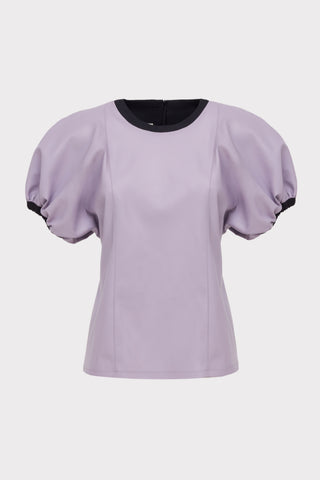 Contrast Leather Trim Puff Sleeve Blouse - Lavander & Black