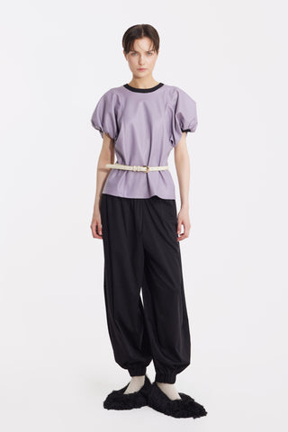 Contrast Leather Trim Puff Sleeve Blouse - Lavander & Black