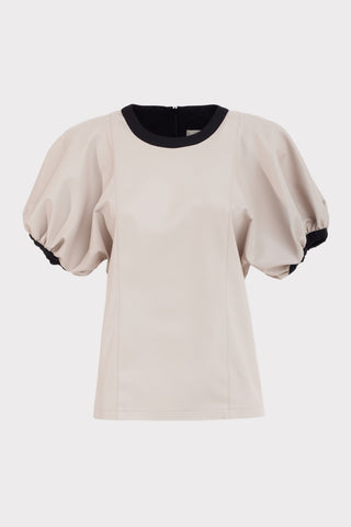 Contrast Leather Trim Puff Sleeve Blouse - Ivory & Black