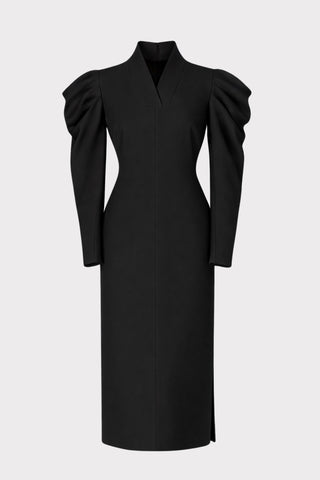 Crepe Midi Dress with Statement Sleeves Black L Crepe Midi Dress with Statement Sleeves Black L